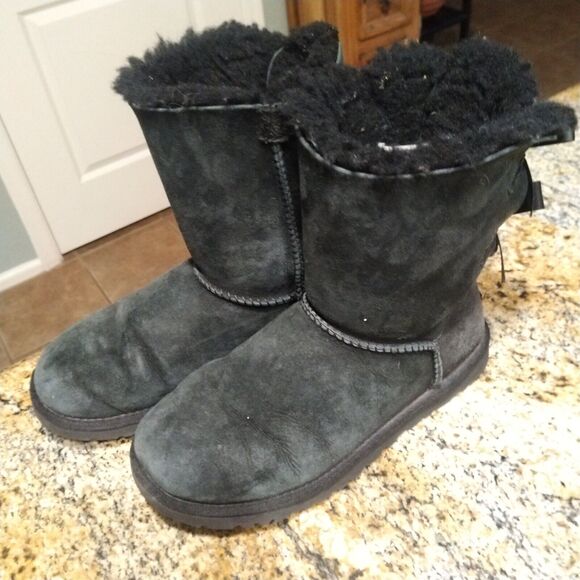 UGG Bailey Bow 1002954 Black Leather Pull On Mid Calf Snow Boots Women's Size 5 - Picture 1 of 13